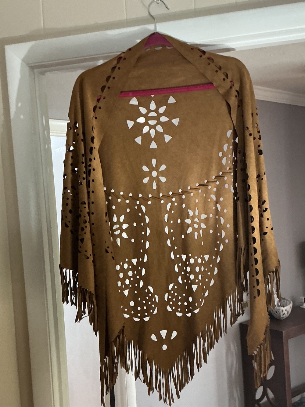 krazy kat Tan Suede-Look Fringe Shawl with Laser-Cut Floral Pattern